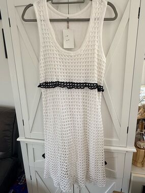 Pete White Sleeveless Crochet Dress with Black Trim